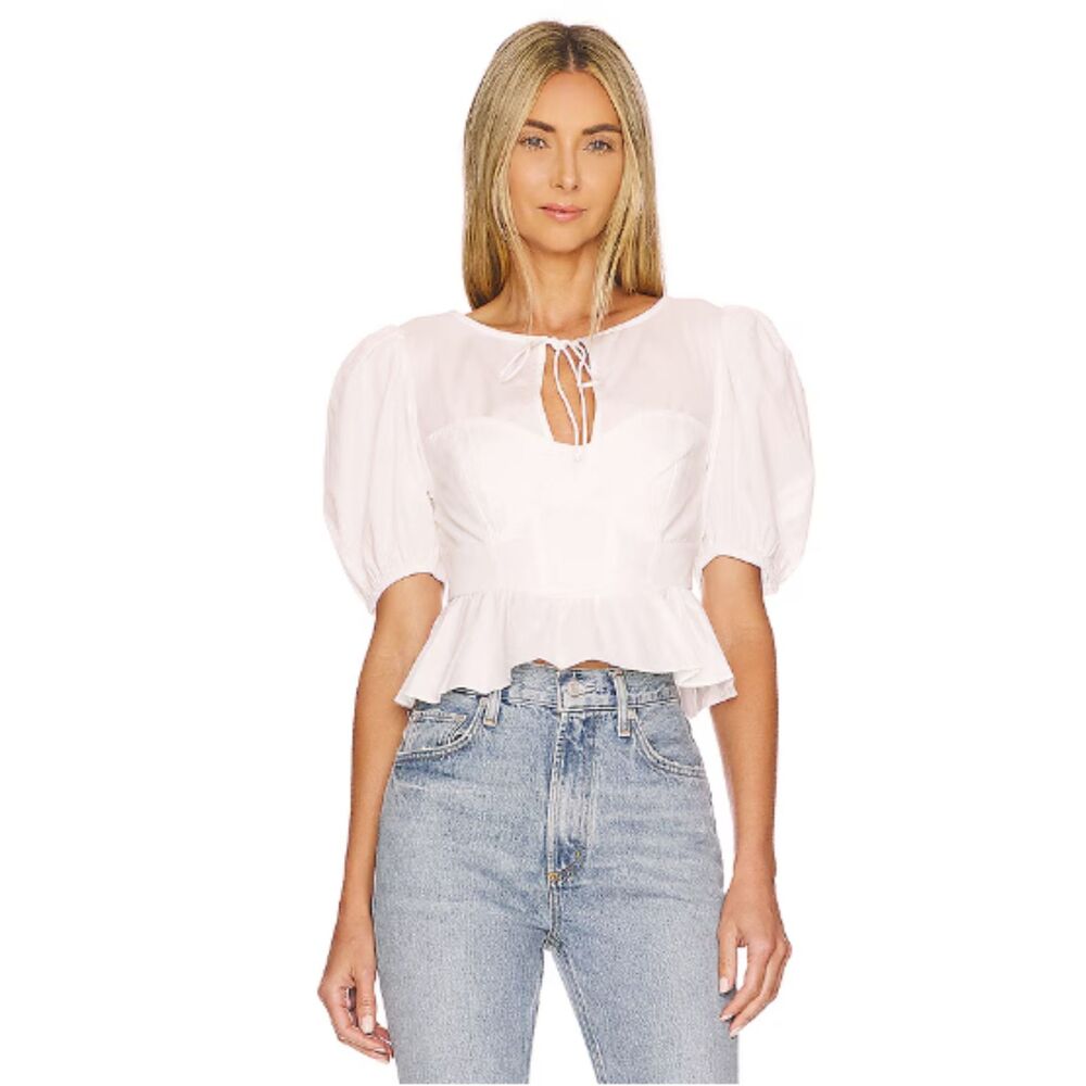 For Love & Lemons Jocelyn White Organic Cotton Puff Sleeve Peplum Crop Top XS